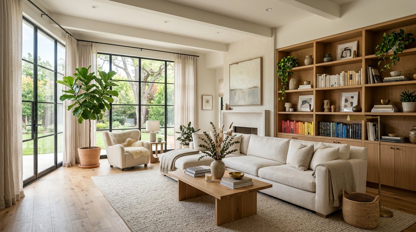 Bright living room with large windows, linen sofa and warm wood shelving