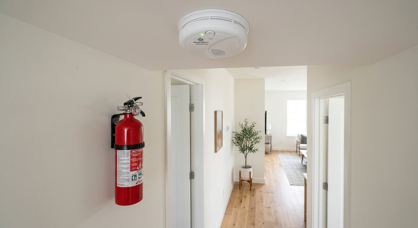 Smoke detector and fire extinguisher fitted in a modern hallway