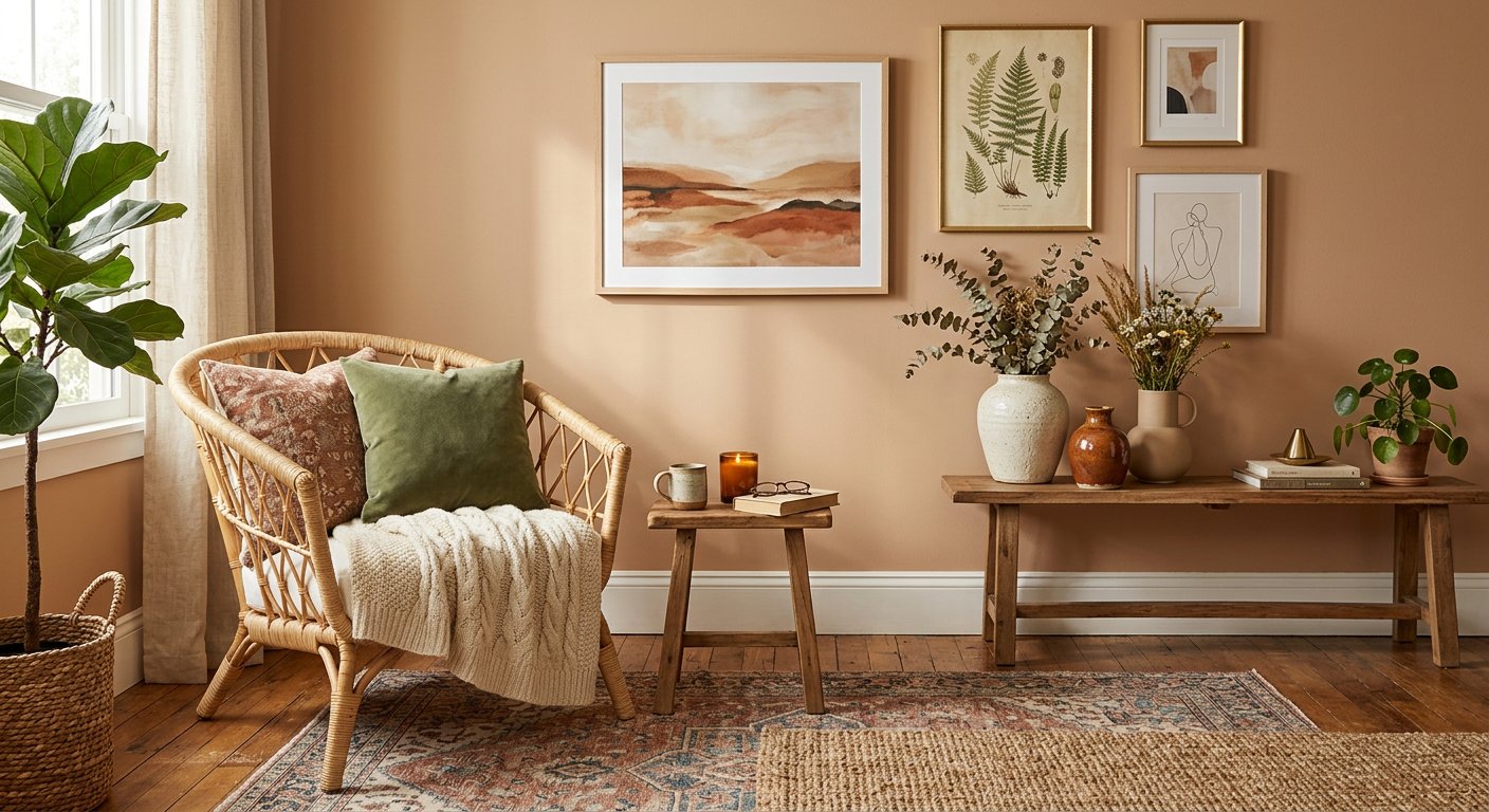 Styled living room corner with layered rugs, ceramics and framed art