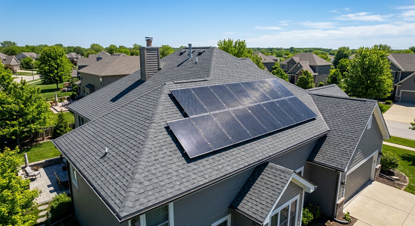 New architectural shingles and solar panels on a home roof